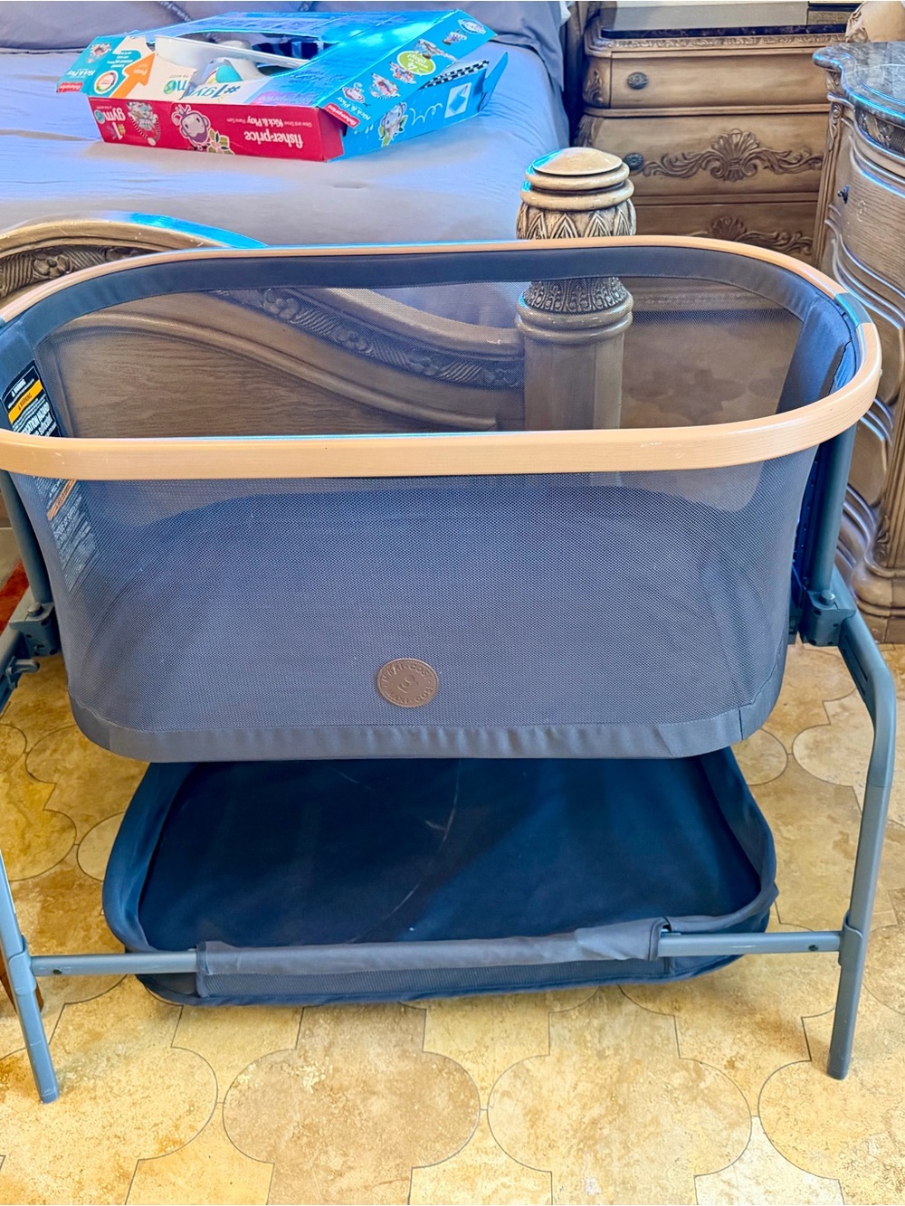 Breathable Navy and Beige Bedside Bassinet - Compact Sleep Solution